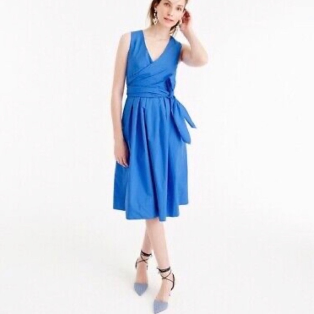 J. Crew Faux Wrap Sundress 100% Cotton Poplin Blue fully lined sleeveless Size 0